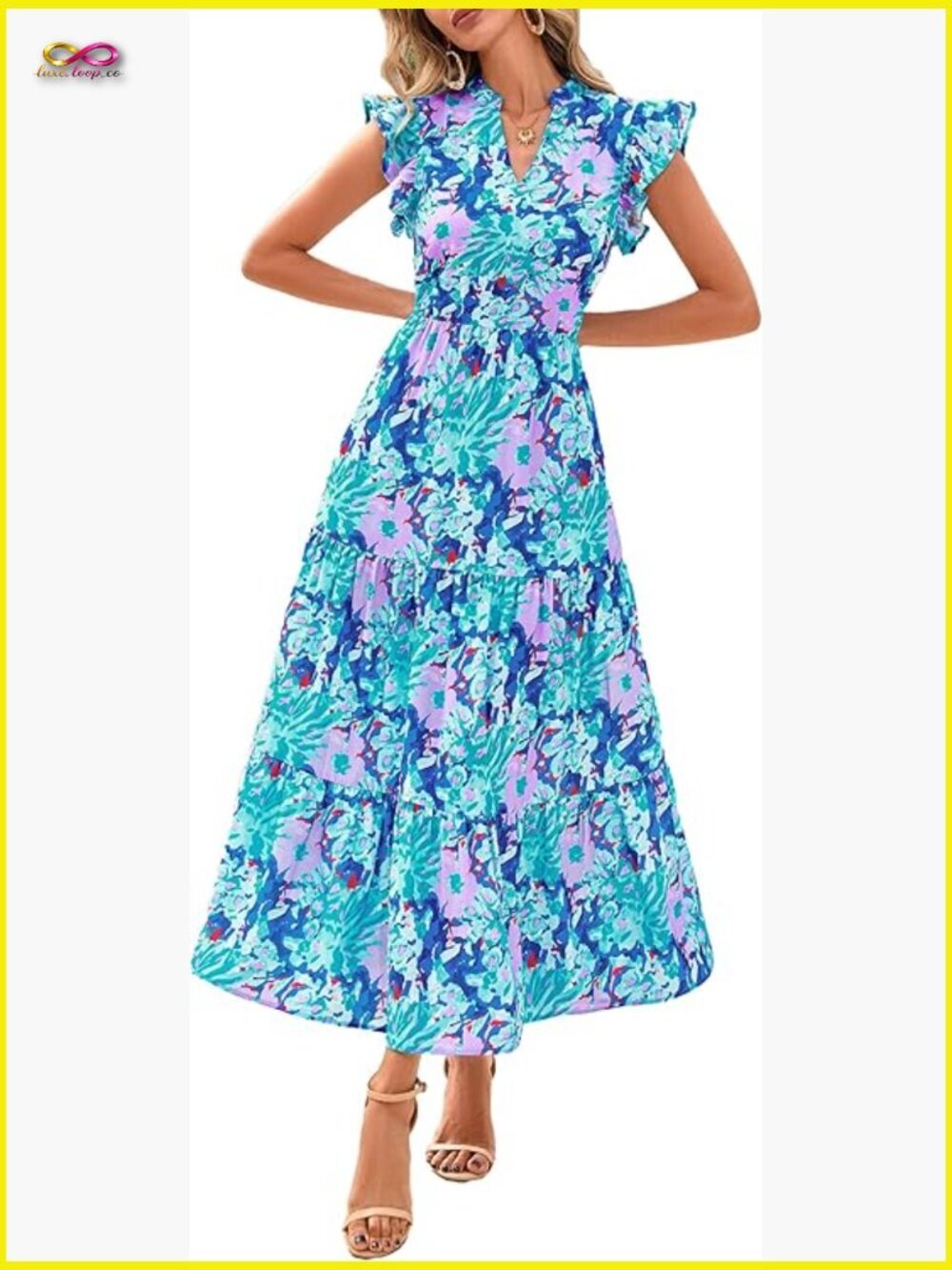 Floral Midi Dress V Neck Cap Sleeve Ruffle Tiered Boho Casual Sundress Pockets